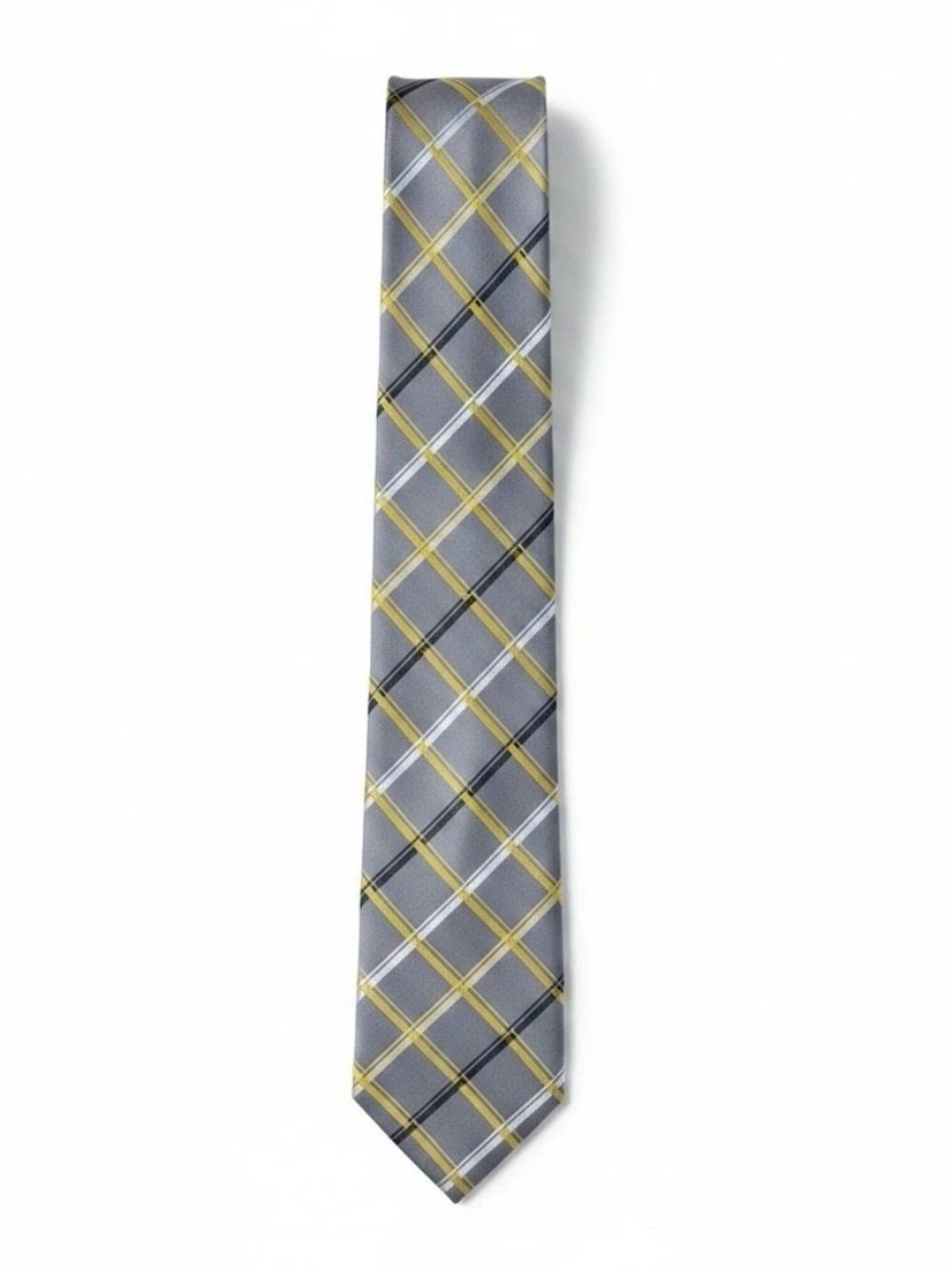 Alfani Men Gray Yellow Plaid Slim Skinny Self Tied Silk Tie Necktie 59x2.75